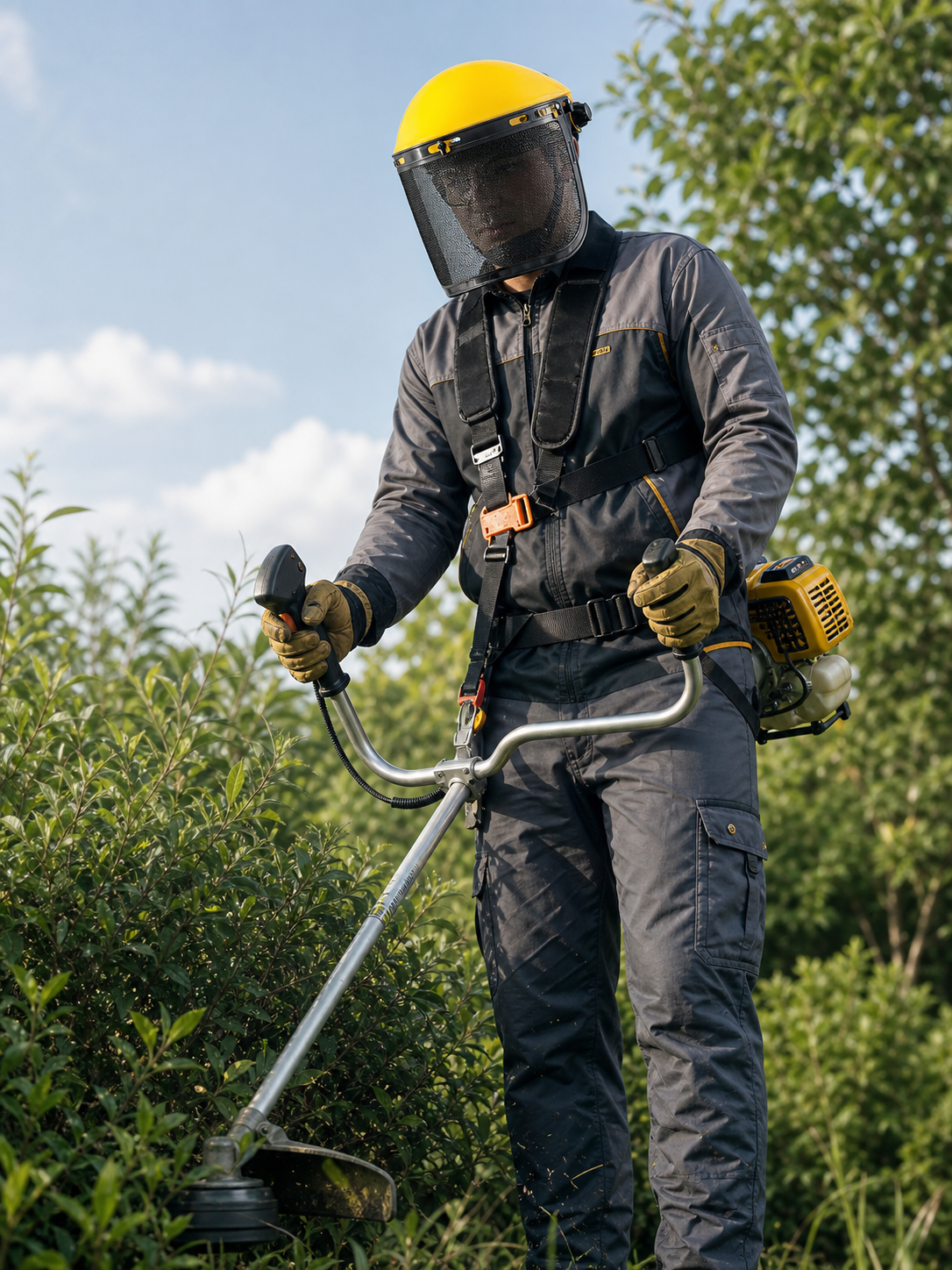 Landscaper wearing yellow full mesh visor safety helmet during garden maintenance work